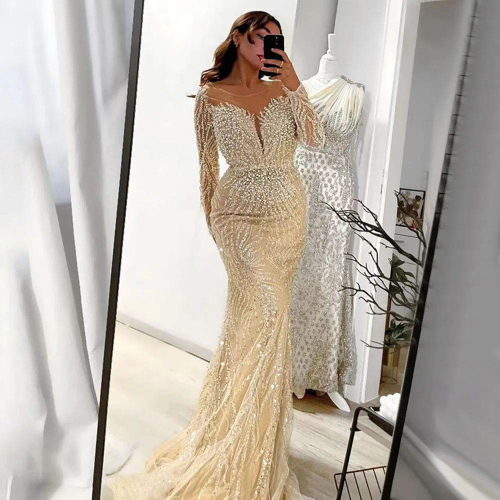 Luxury White Nude Long Sleeves Mermaid Evening Dress SS684