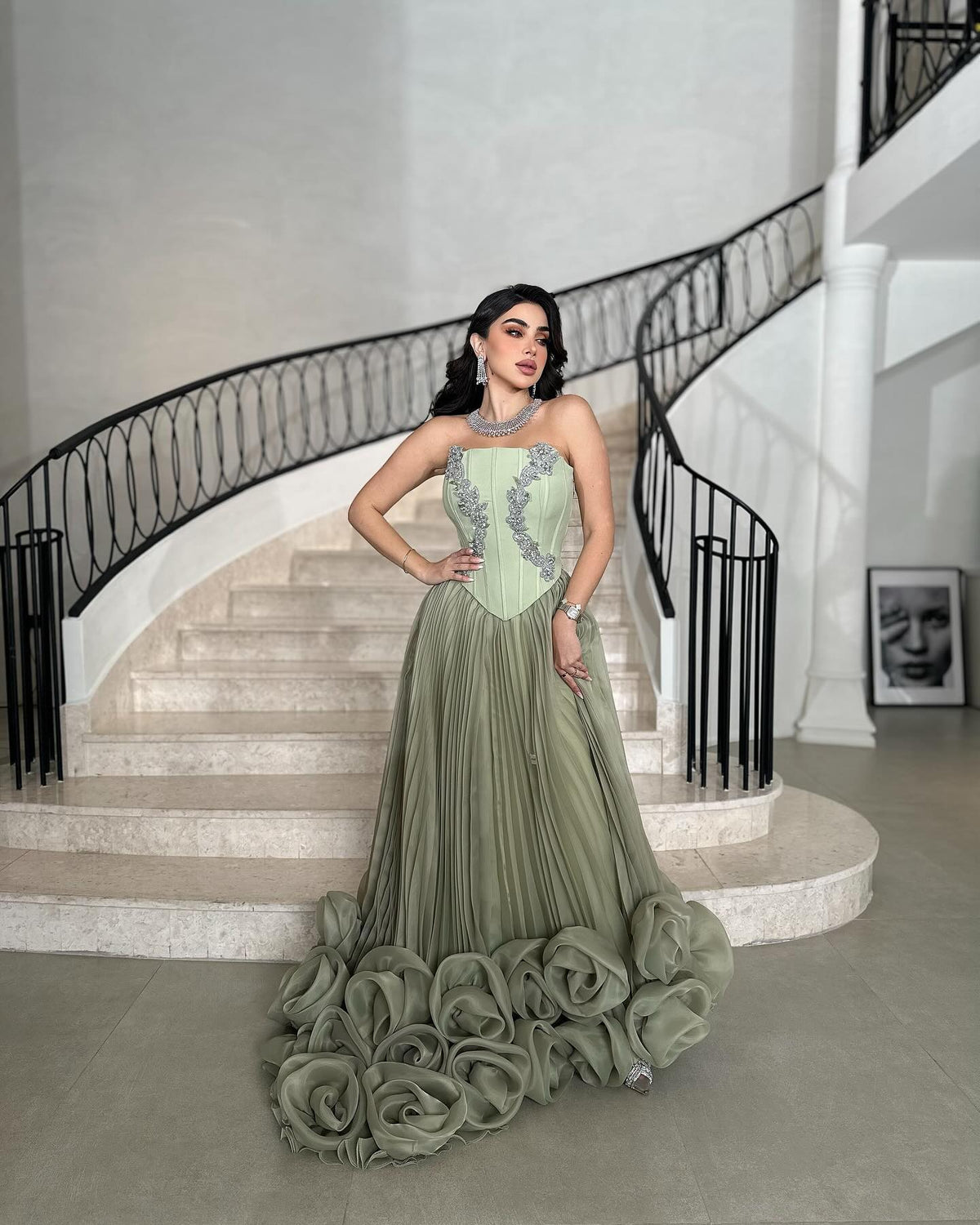 Charming Crystal Sage Green Evening Dress with 3D Floral SF336