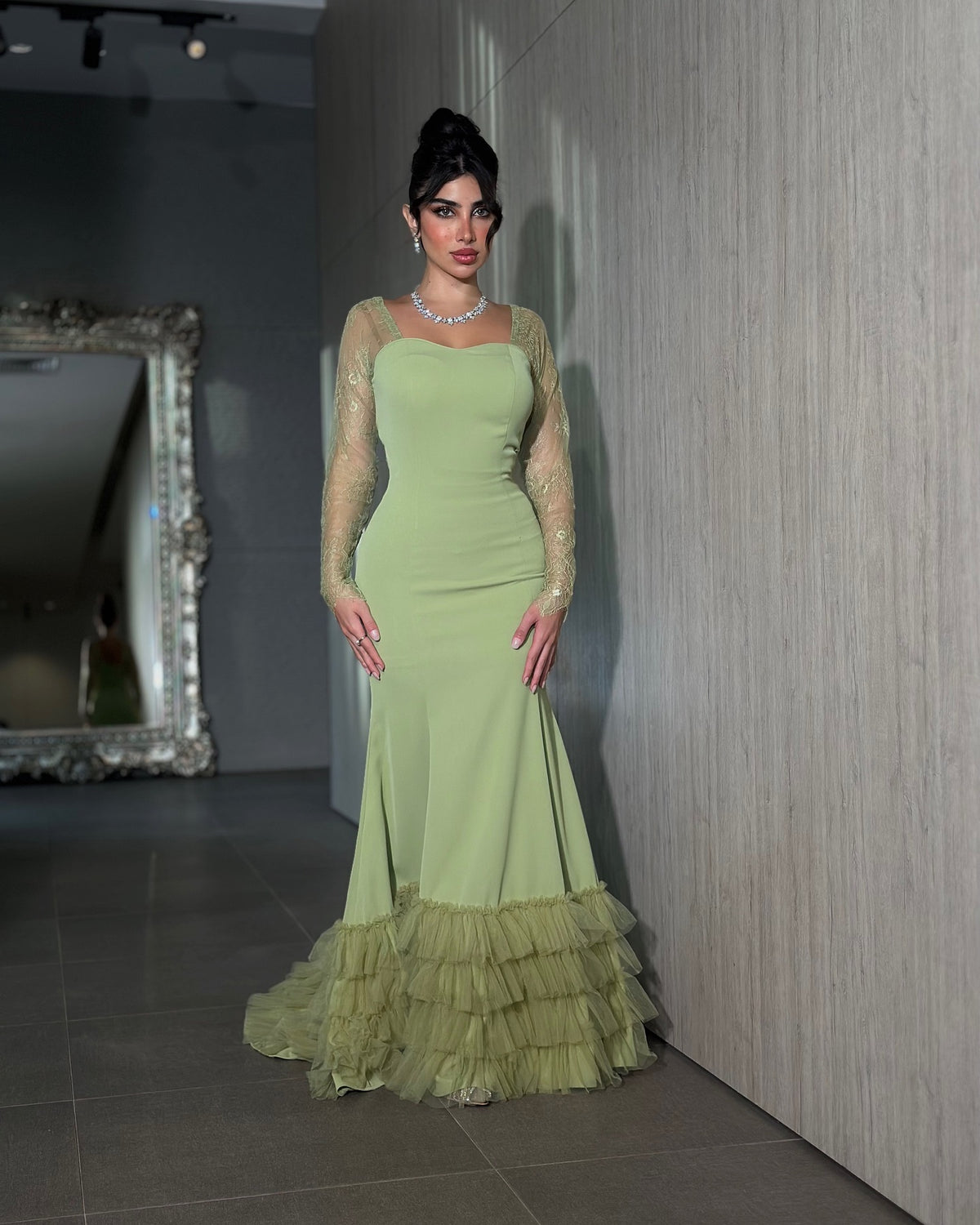 Elegant Sage Green Tiered Ruffles Mermaid Evening Dress SF128
