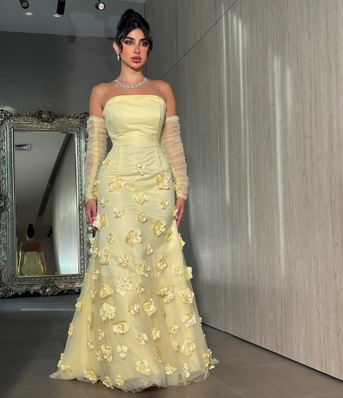 Luxury 3D Floral Yellow Long Sleeves Evening Dress SF126