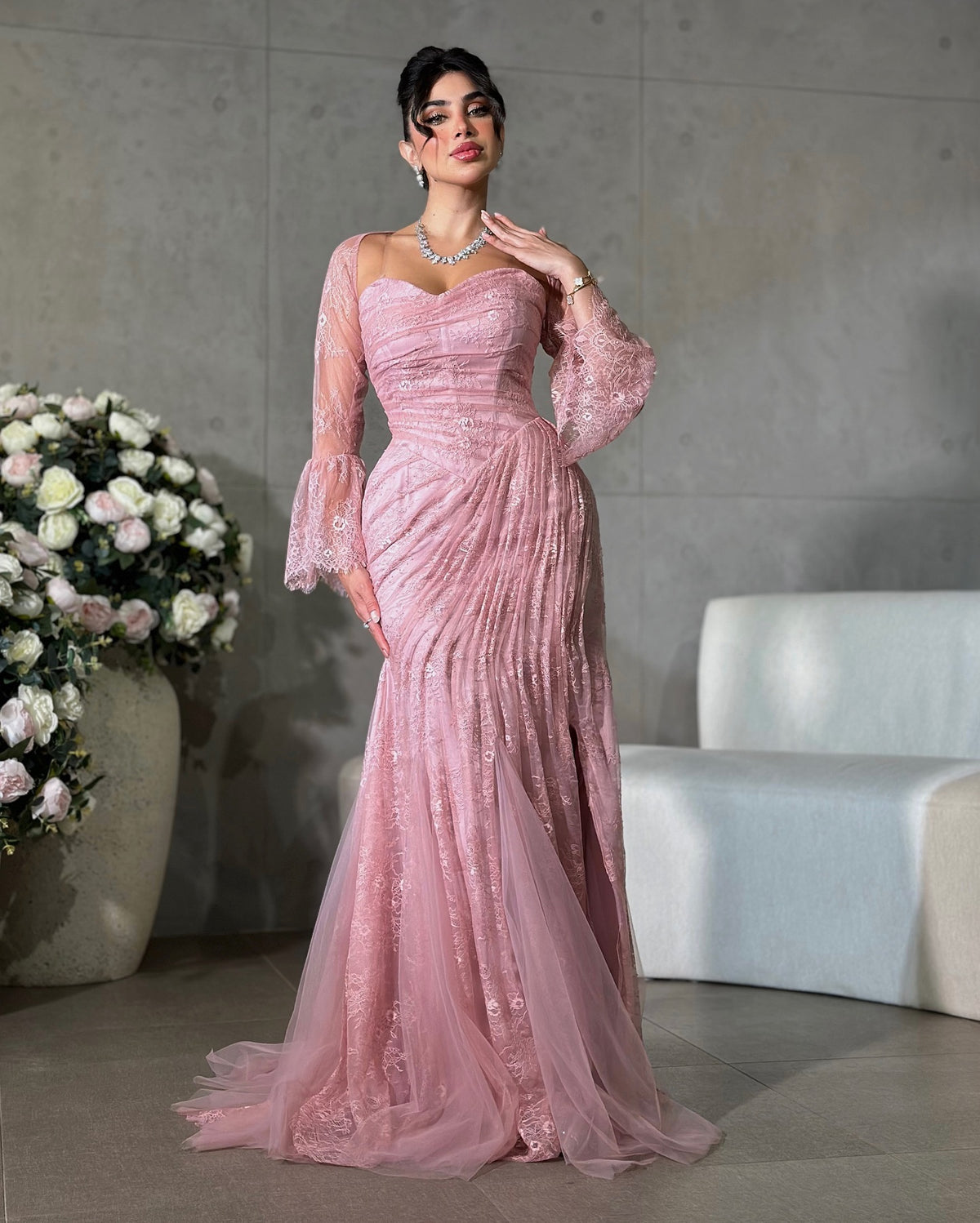 Elegant Pink Pleated Mermaid Evening Dress with Jacket SF304