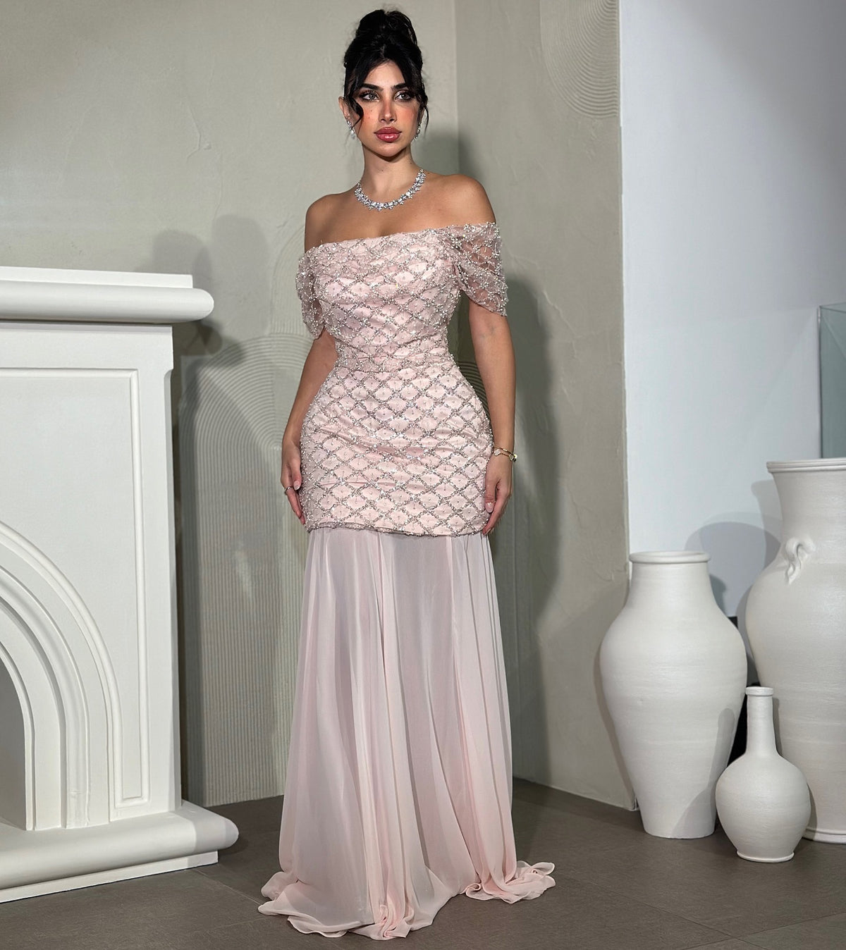 Elegant Pearls Pink Off-Shoulder Evening Dress SF305