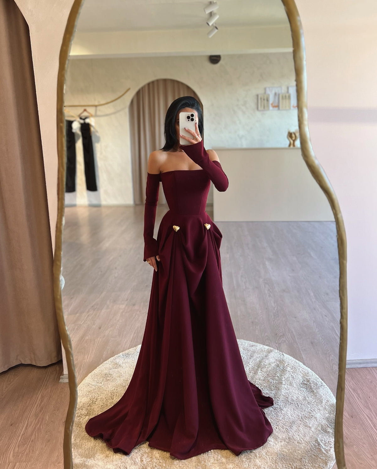 Elegant Off Shoulder Burgundy A-Line Evening Dress SF434