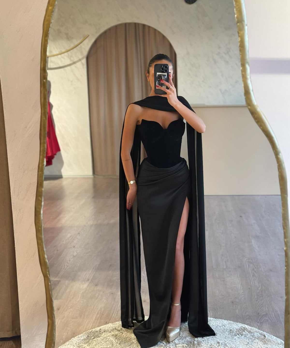 Elegant Black Side Slit Evening Dress with Scarf SF435