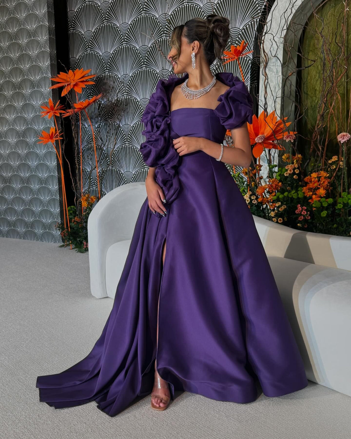 Luxury Purple A-Line Evening Dress with Ruffle Cape SF432