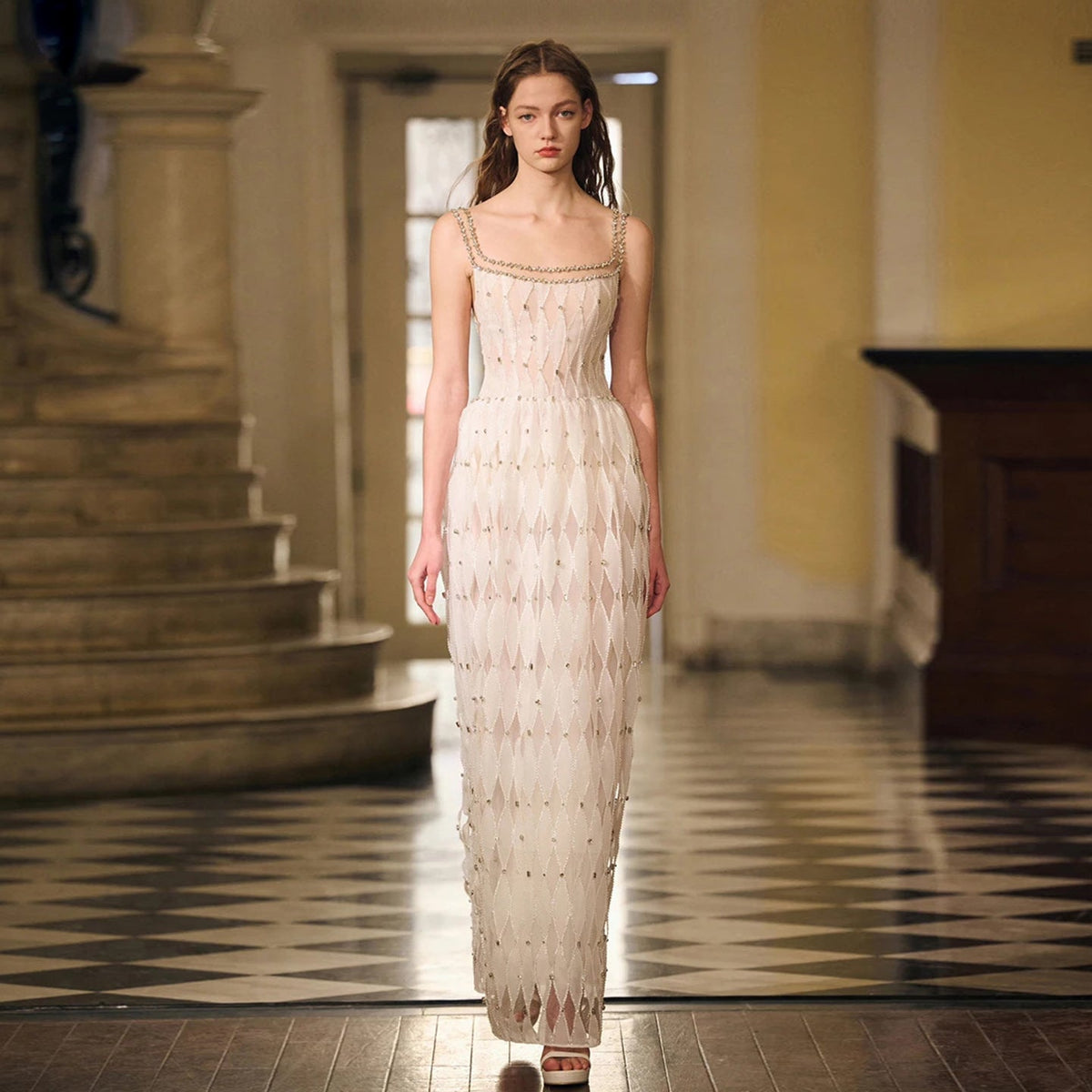 Luxury Crystal White Square Neck Evening Dress SS221