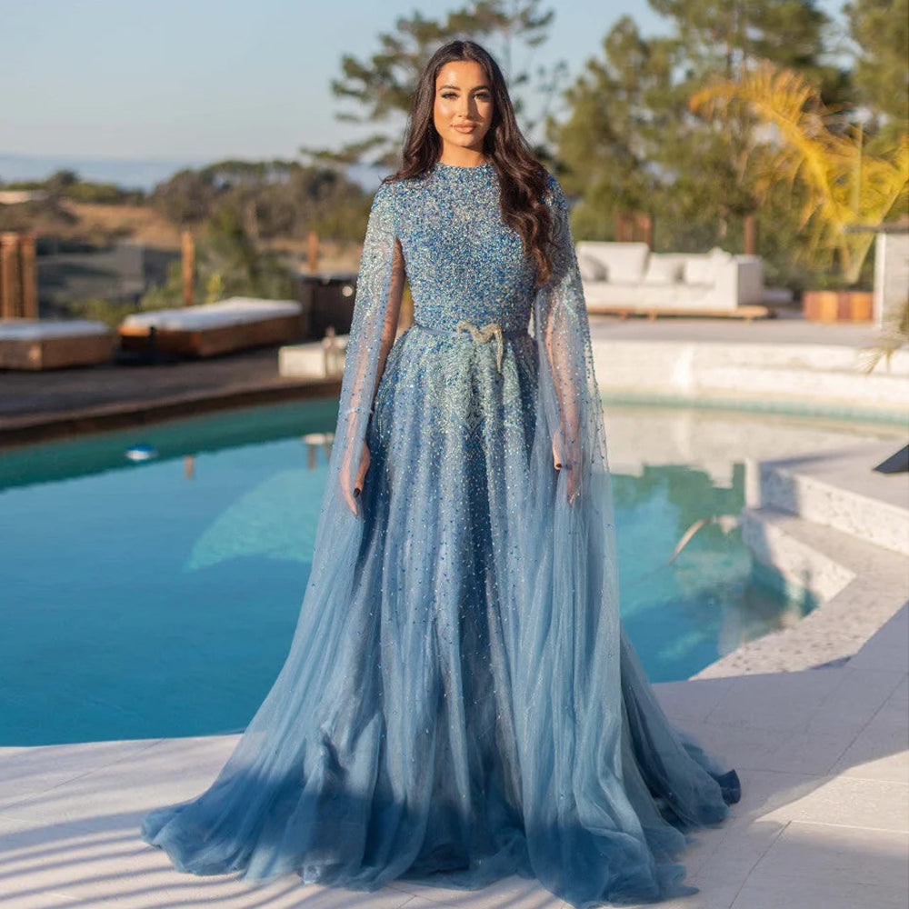 Luxury Blue A-Line Evening Dress with Cape Sleeves SS451
