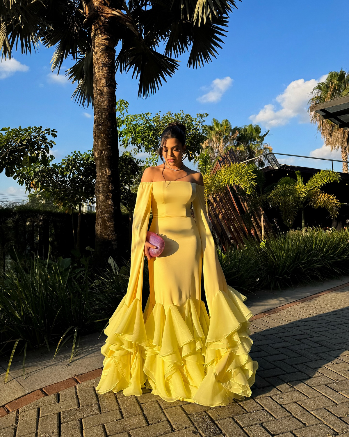 Elegant Yellow Mermaid Evening Dress with Cape Sleeve SF412