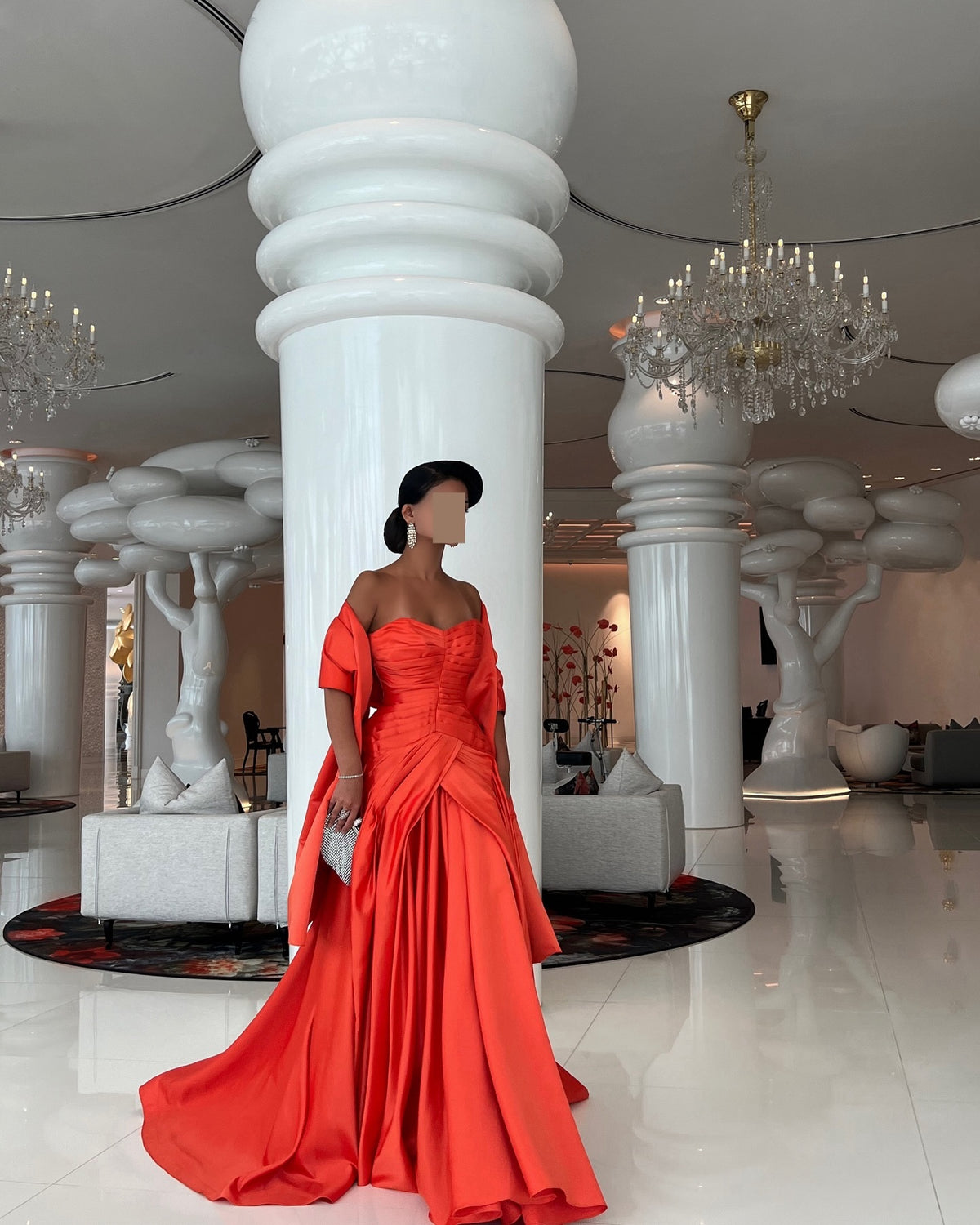 Elegant Orange Strapless Satin Evening Dress with Overskirt SF261