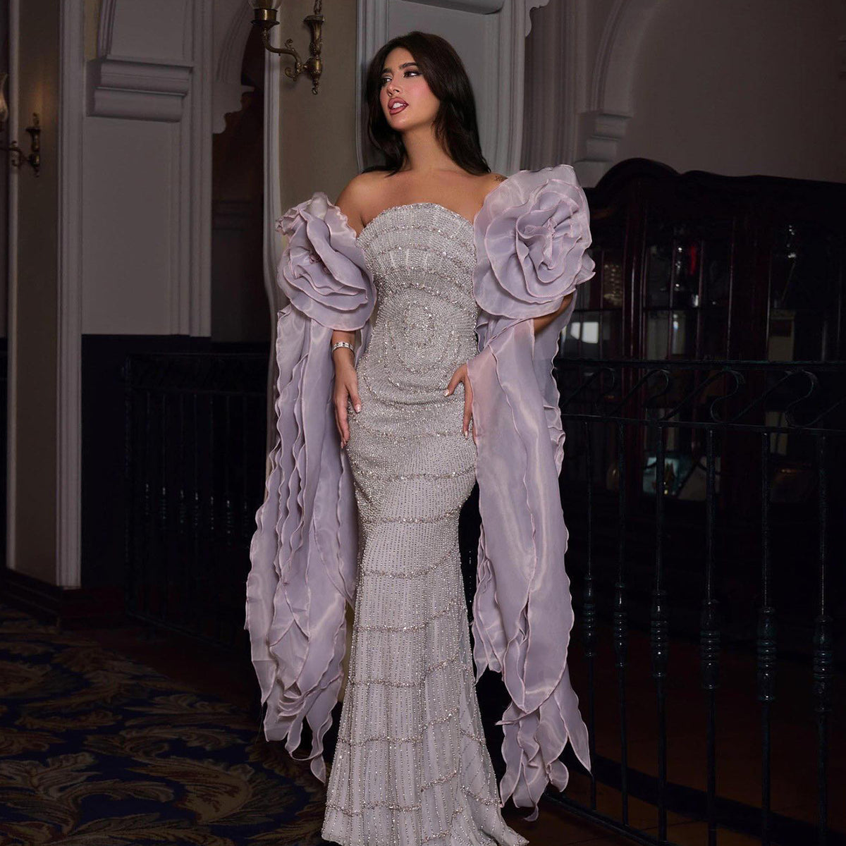 Glamorous 3D Floral Lilac Evening Dress with Beads SS246