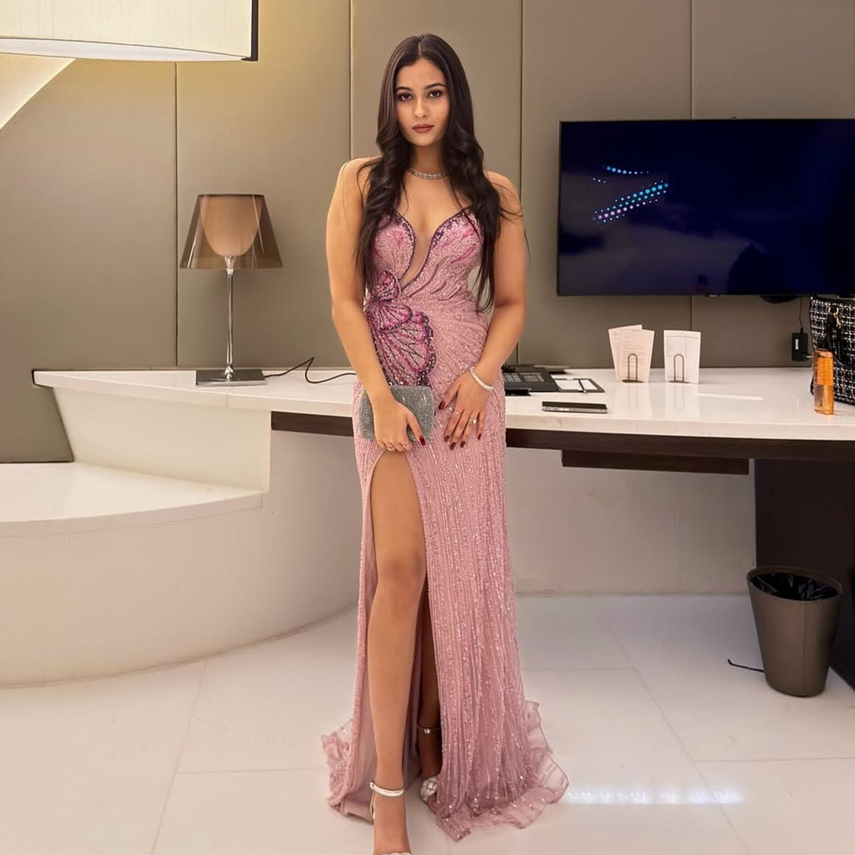 Stunning Beaded Pink Mermaid Evening Dress with Slit SS267