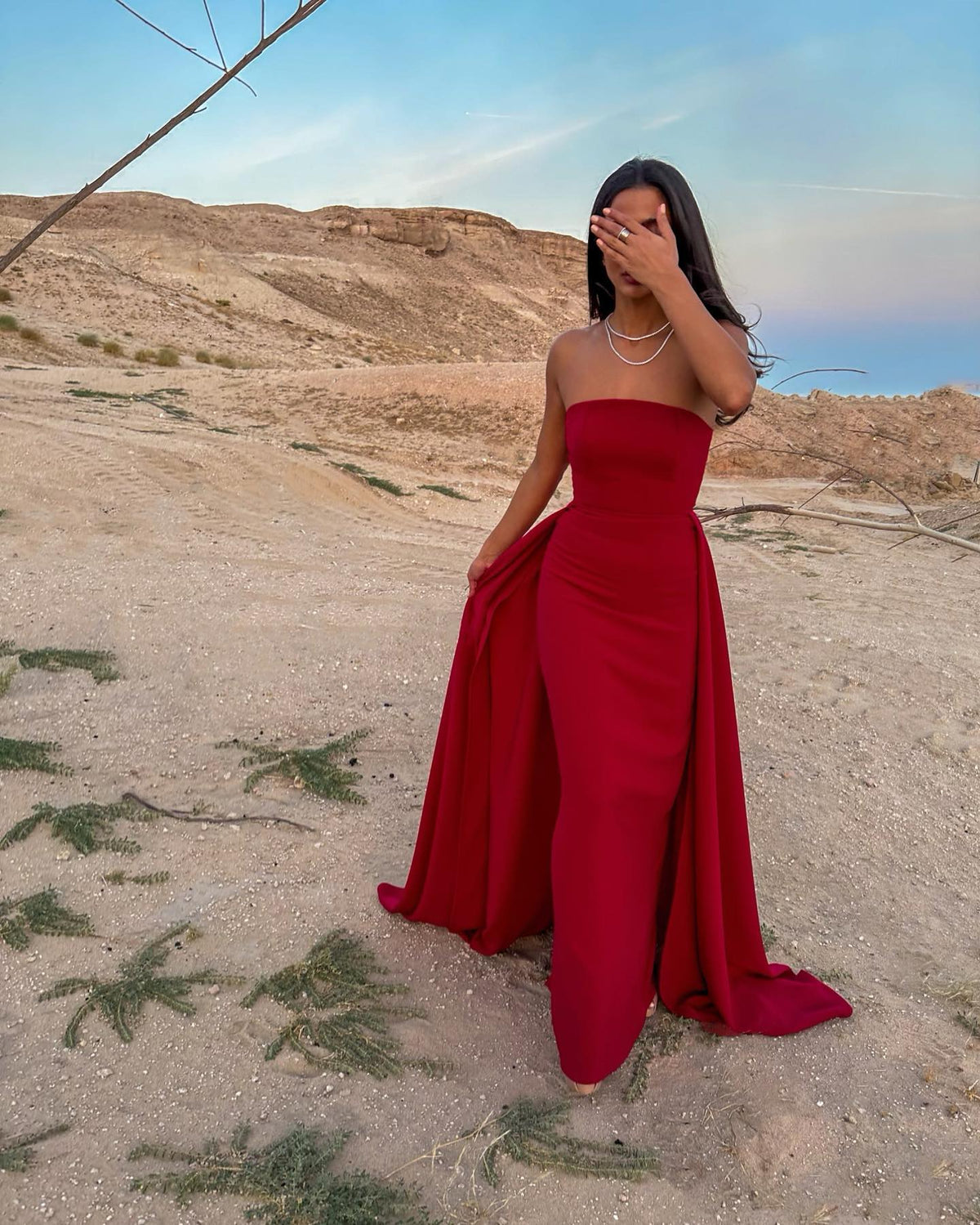 Classic Red Strapless Satin Evening Dress with Overskirt SF146