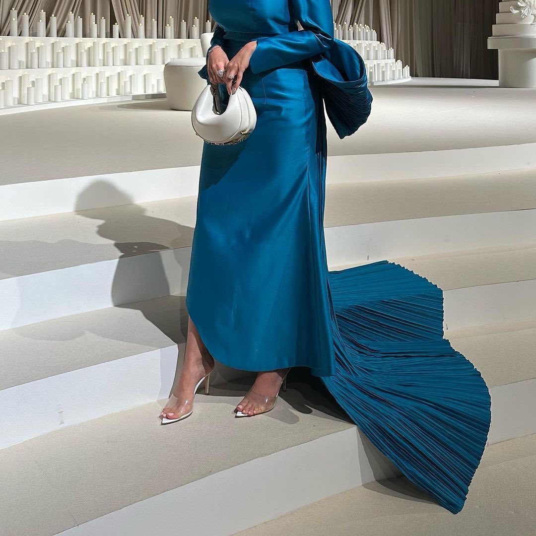 Elegant Blue Long Sleeves Evening Dress with Bow Train SF224