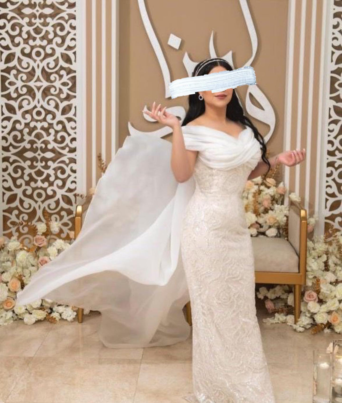 Elegant White Off-Shoulder Sequin Evening Dress with Train SF168