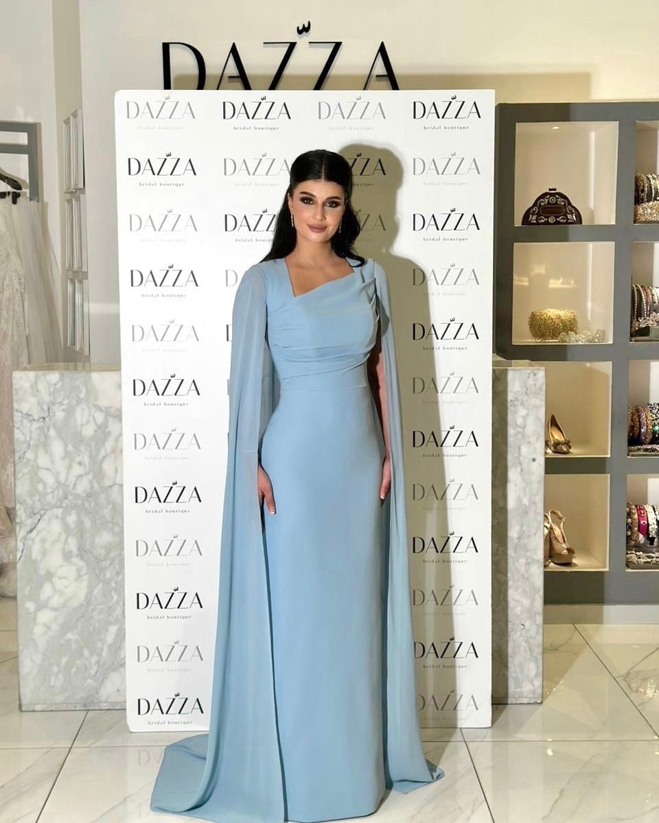 Elegant Blue Chiffon Evening Dress with Cape Sleeve SF037