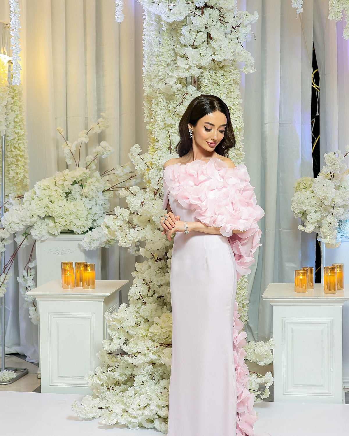 Elegant Pink Off Shoulder Evening Dress with 3D Floral Cape SF129