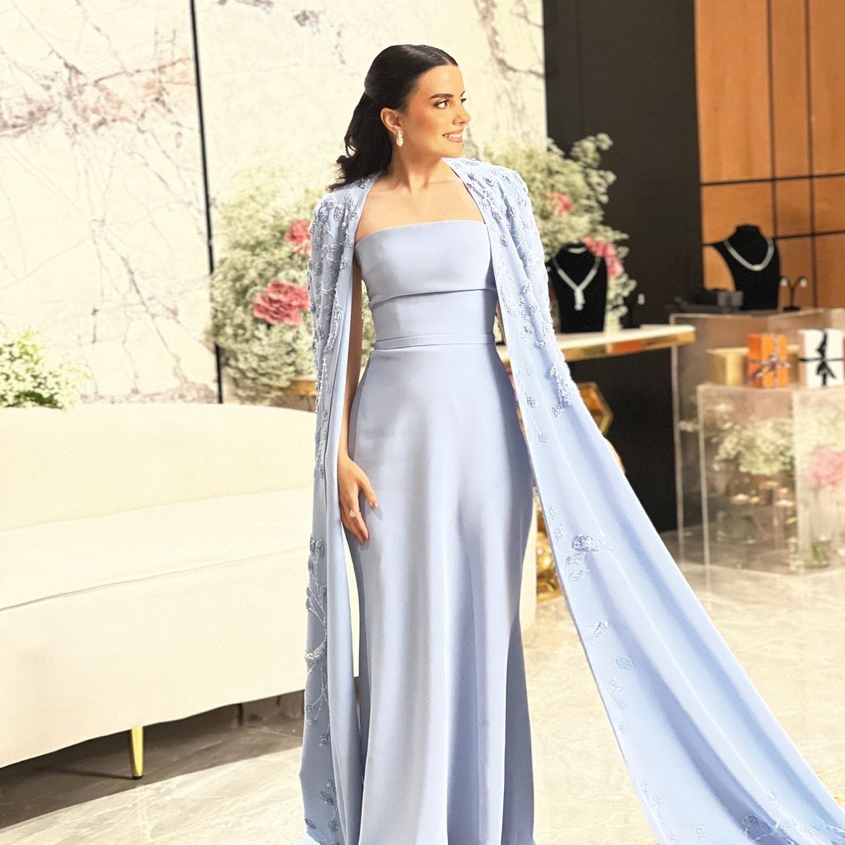 Elegant Beaded Blue Mermaid Evening Dress with Cape Sleeves SS407