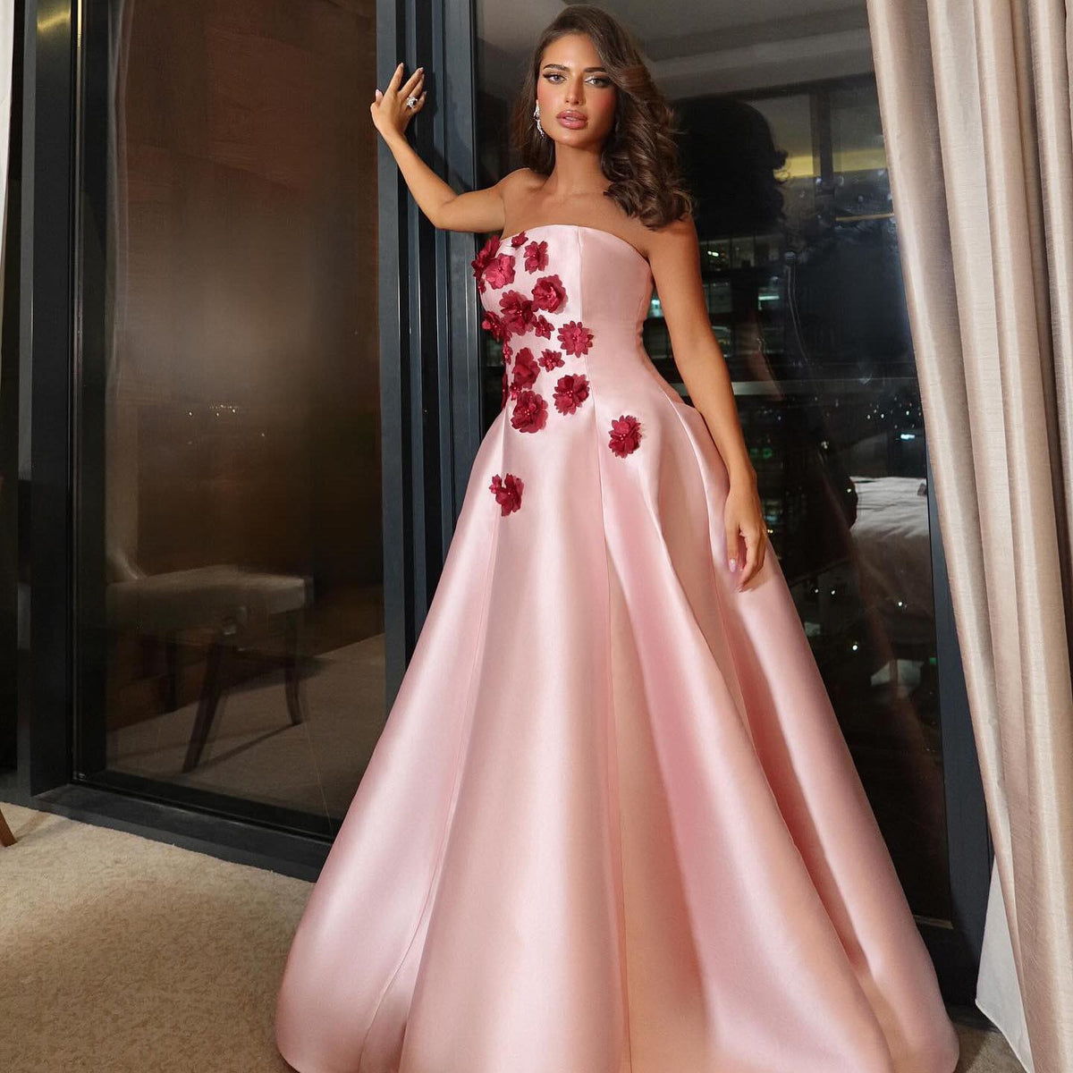 Luxury 3D Floral Pink A-Line Satin Evening Dress SF093
