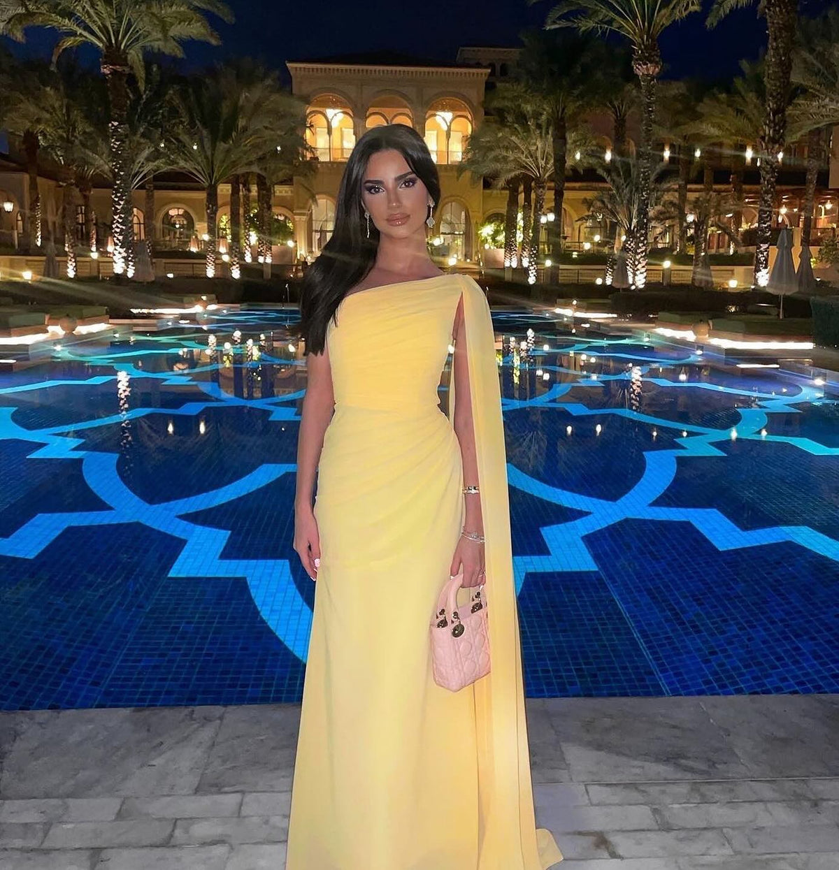 Elegant Yellow One Shoulder Evening Dress with Cape Sleeve SF091
