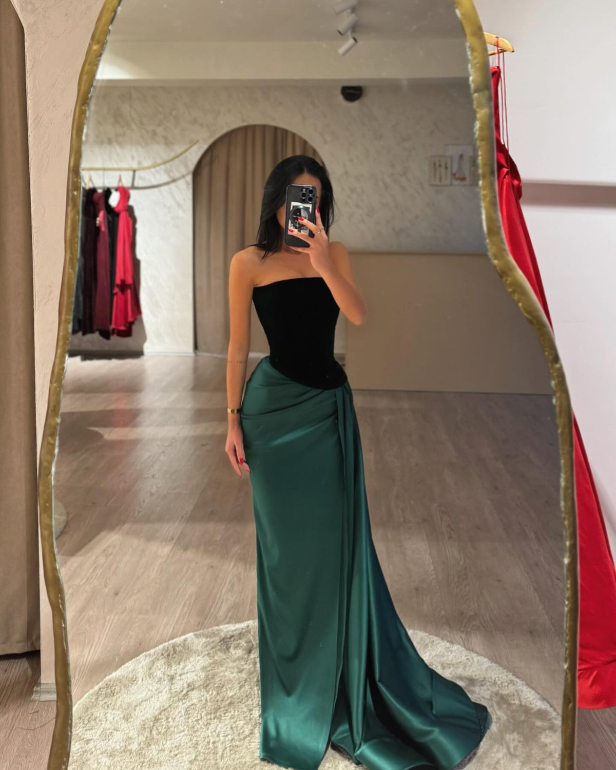 Luxury Black&Green Strapless Evening Dress with Slit SF436