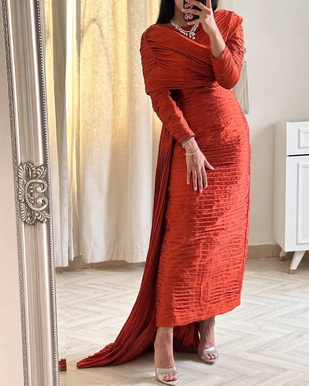 Elegant Orange Long Sleeves Evening Dress with Overskirt SF183
