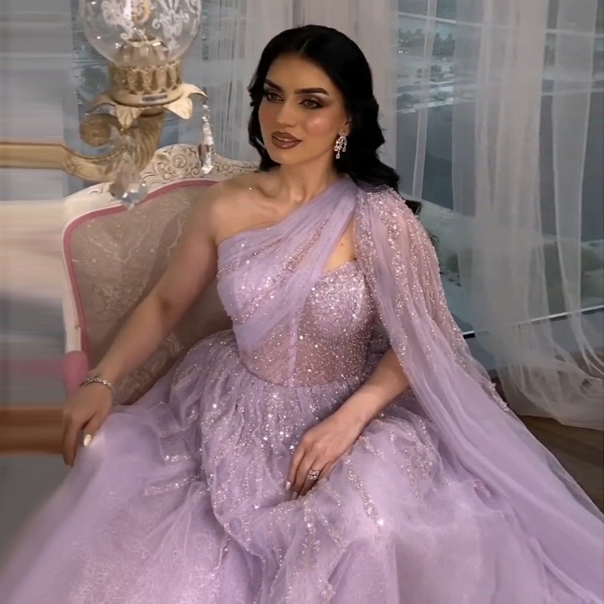 Elegant Lilac One Shoulder Evening Dress with Cape Sleeves with Sequin SS465