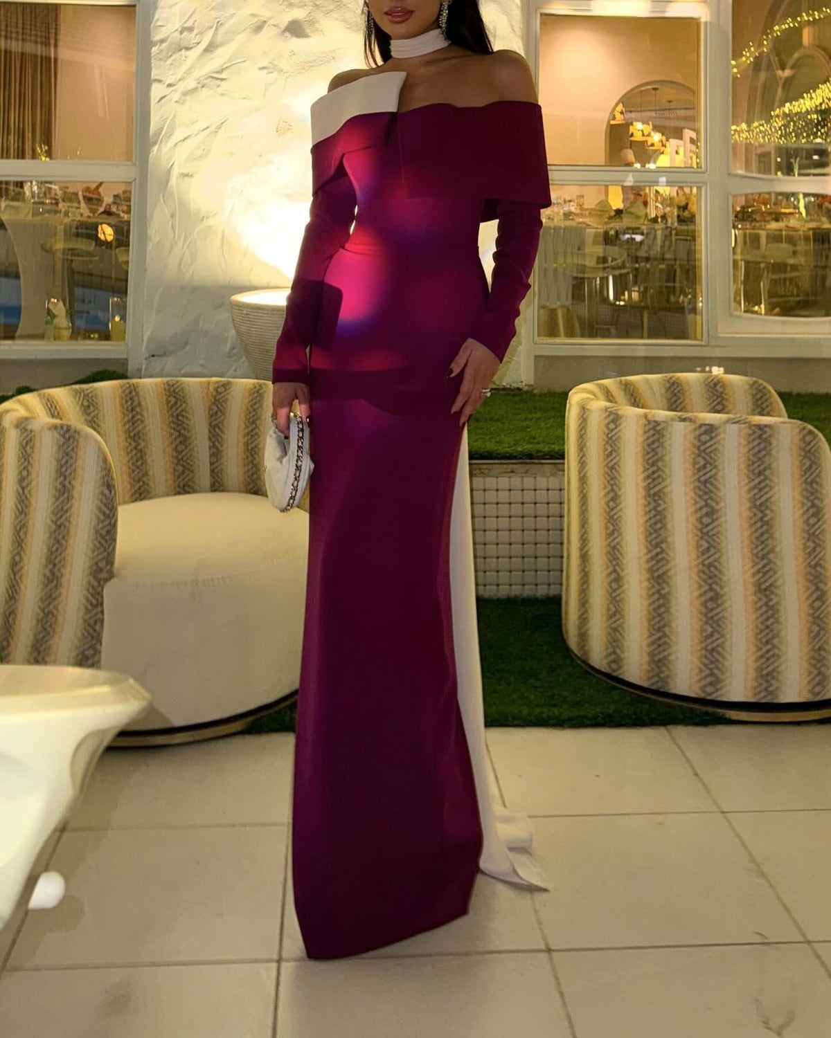 Elegant Purple Long Sleeves Satin Evening Dress SF106