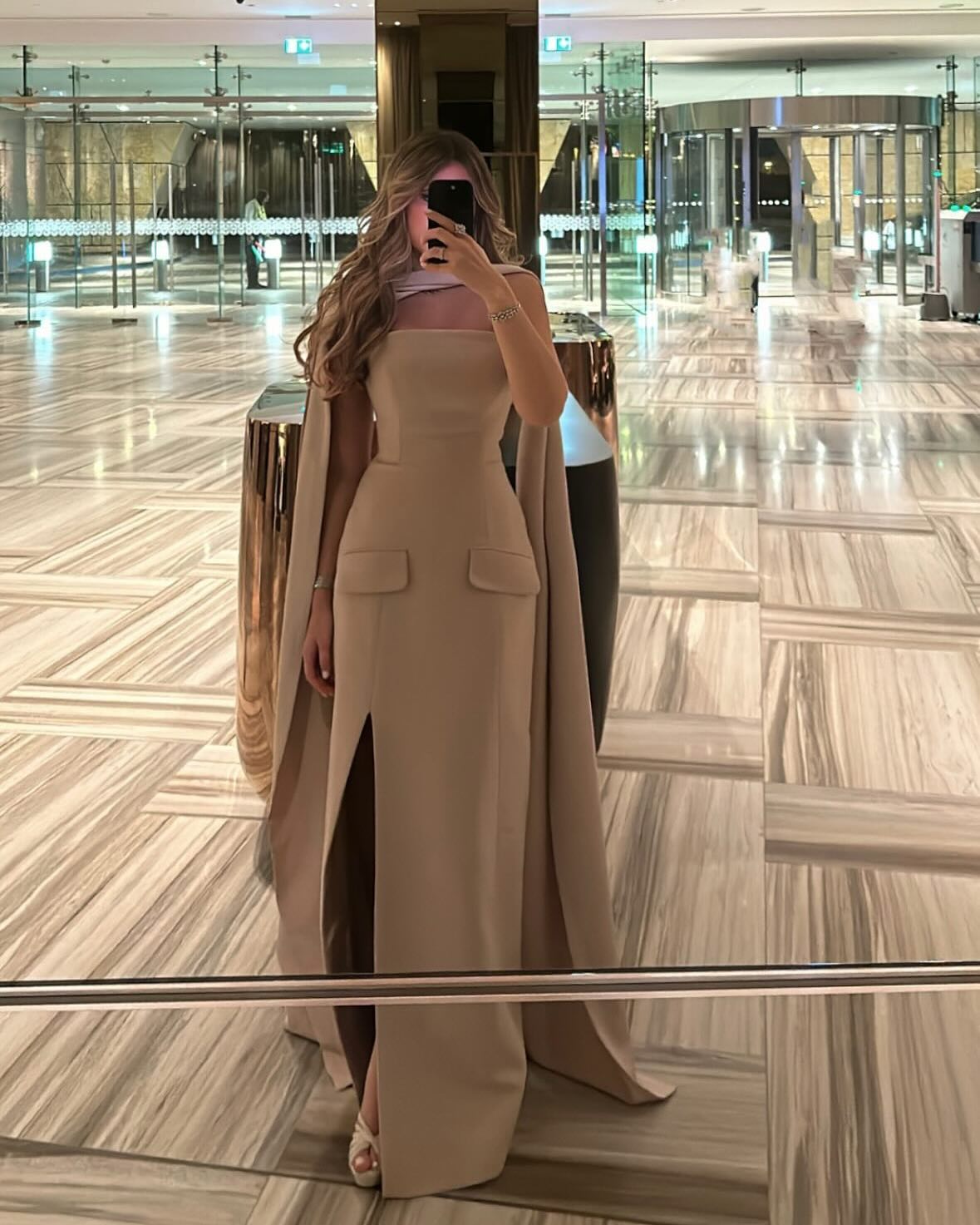 Elegant Nude Strapless Satin Evening Dress with Scarf SF160