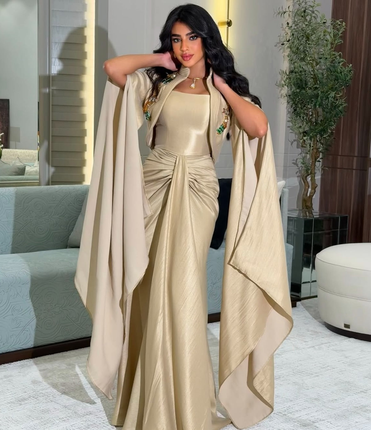 Elegant Beaded Champagne Draped Evening Dress with Cape SF198