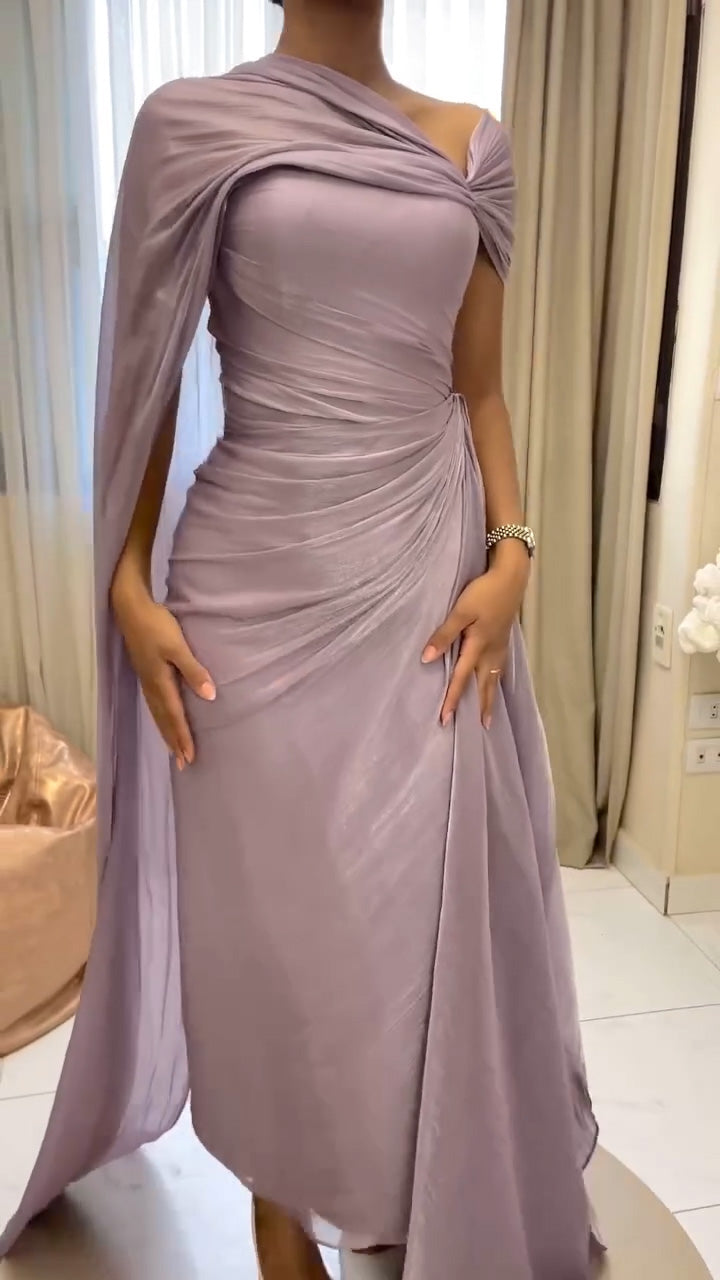 Elegant Lilac Draped Evening Dress with Cape SF199