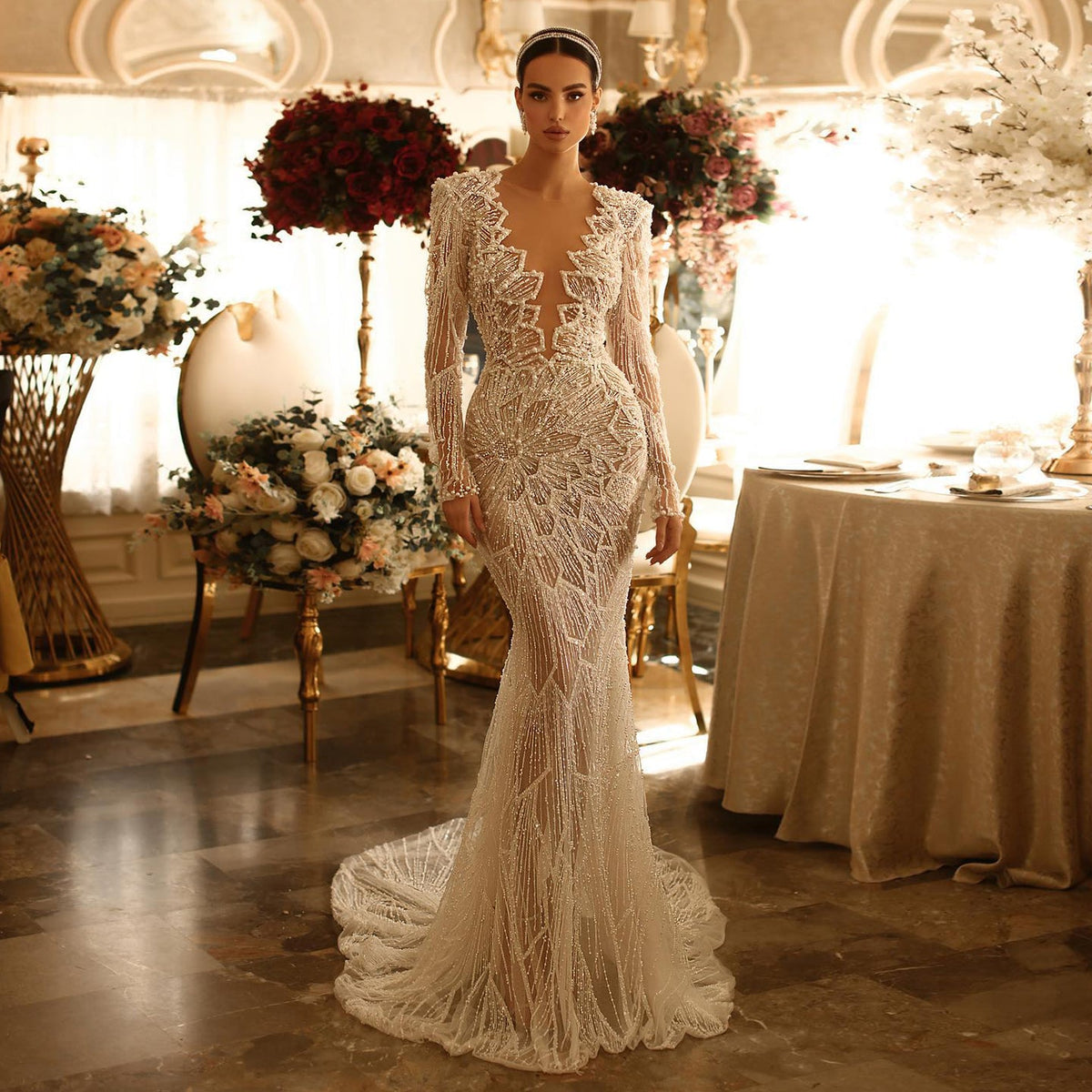 Luxury Nude Long Sleeves V-Neck Mermaid Evening Dress SS459