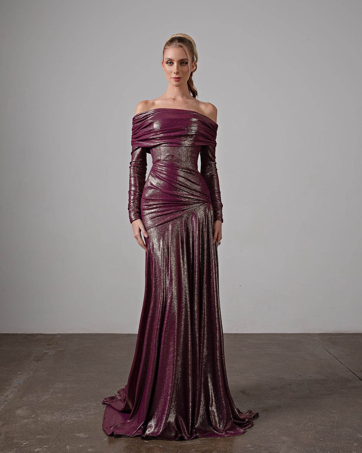 Elegant Off Shoulder Purple Mermaid Draped Evening Dress SF592
