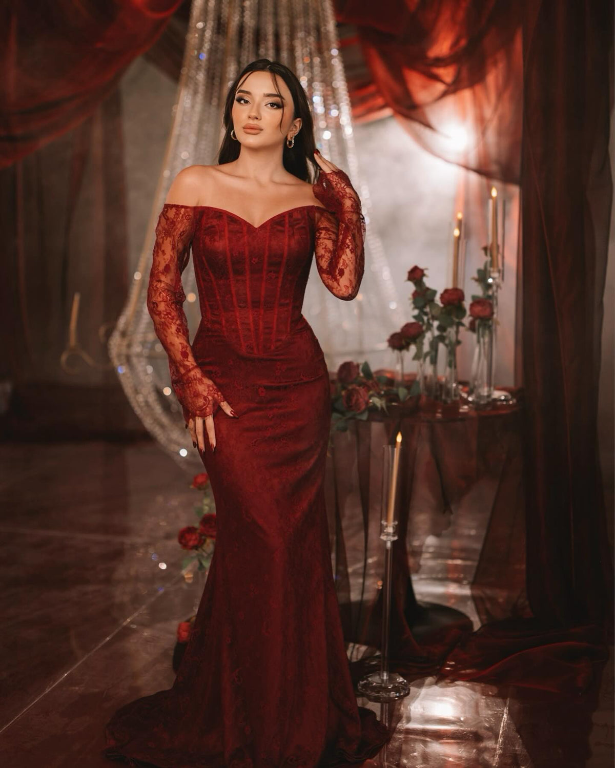 Elegant Burgundy Long Sleeves Mermaid Evening Dress SF462
