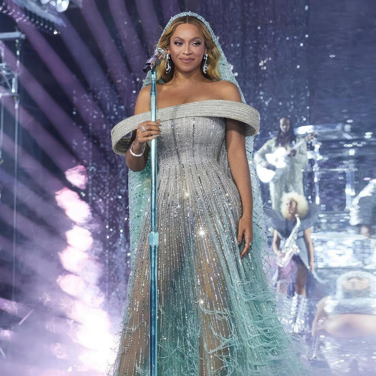 Luxury Feathers Aqua Green Off-Shoulder Evening Dresses SS435