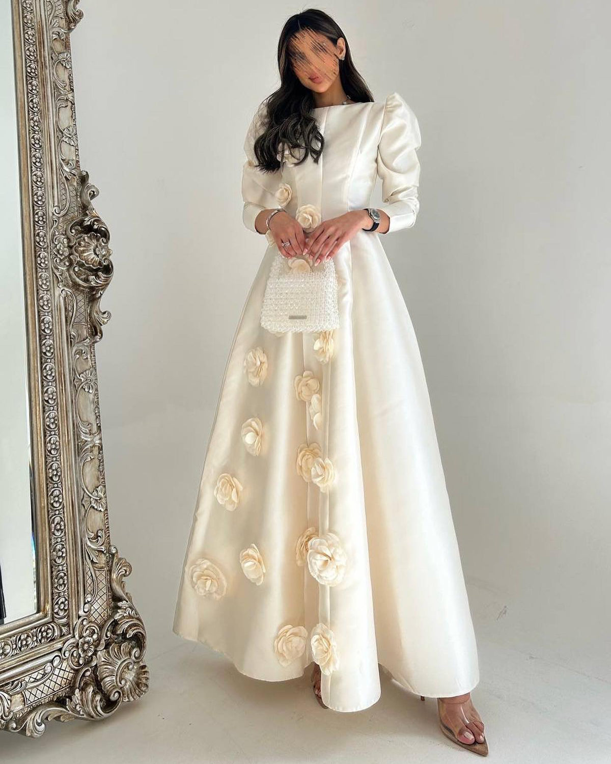 Elegant 3D Floral Ivory Long Sleeves A-Line Evening Dress SF095