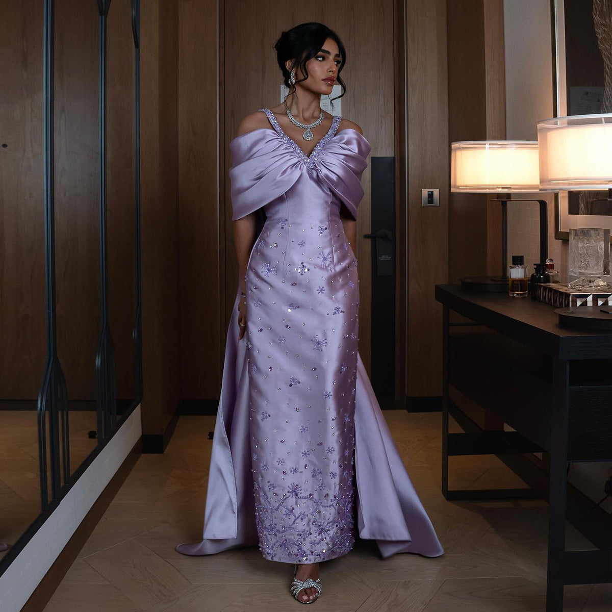 Elegant Beaded Lilac Off Shoulder Evening Dress with Cape SS341