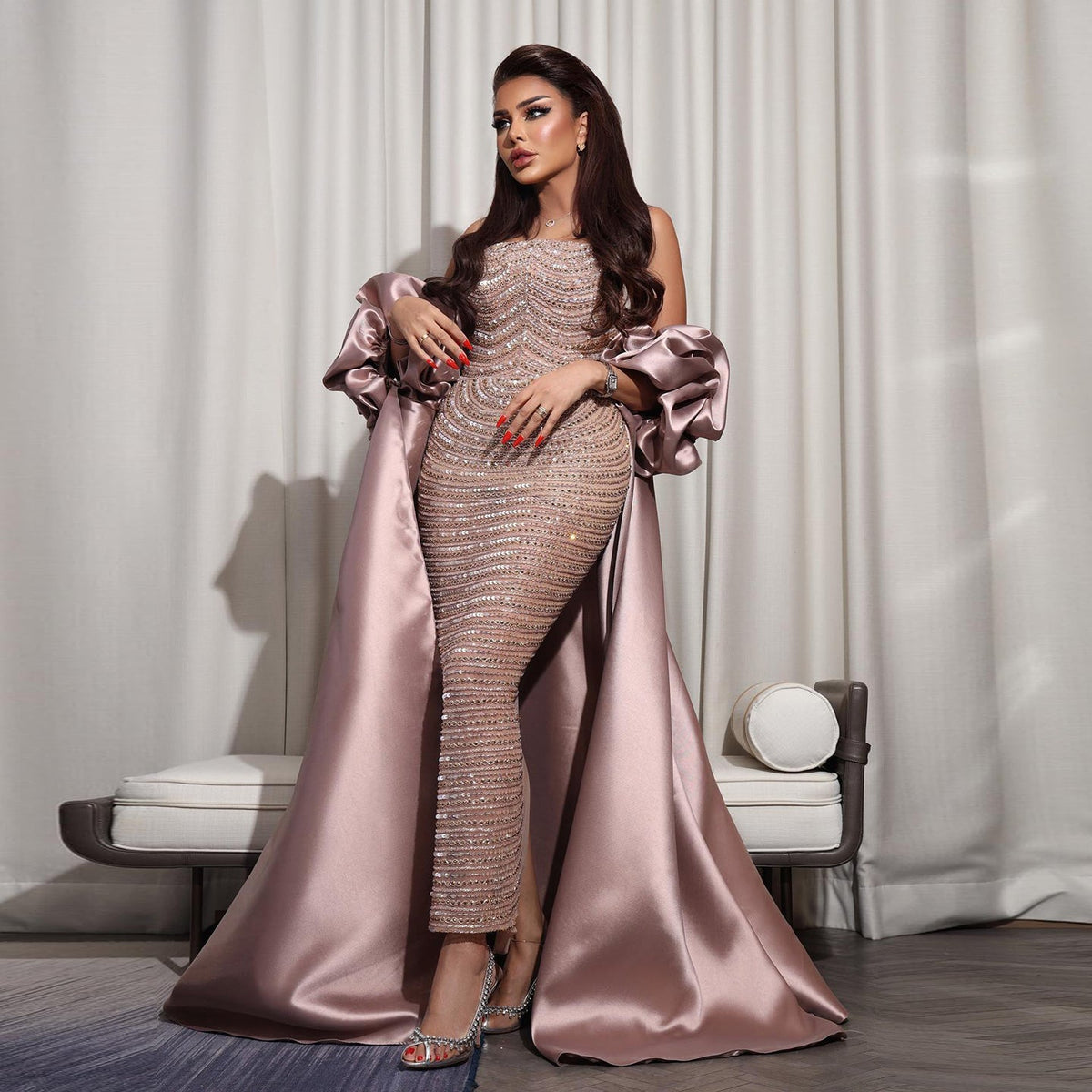 Luxury Dusty Rose Midi Evening Dress with Cape SS492