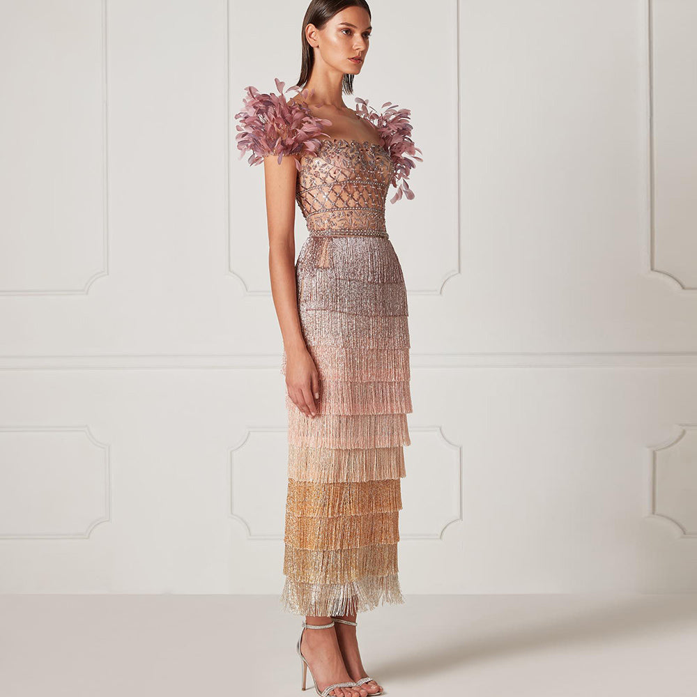 Dreamy Vow Luxury Feathers Tassel Lilac Dubai Evening Dresses for Women Wedding Party Arab Ankle Length Midi Formal Gowns 379