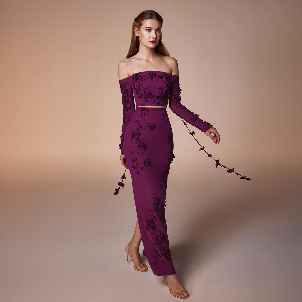 Elegant 3D Flowers Fuchsia Long Sleeves 2 Pieces Evening Dress SS310