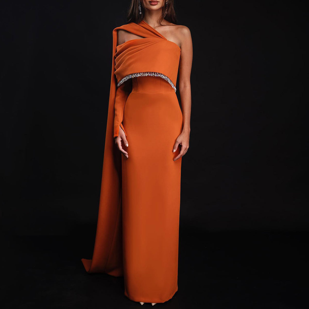 Elegant Crystal Orange One Shoulder Evening Dress with Cpae SF557