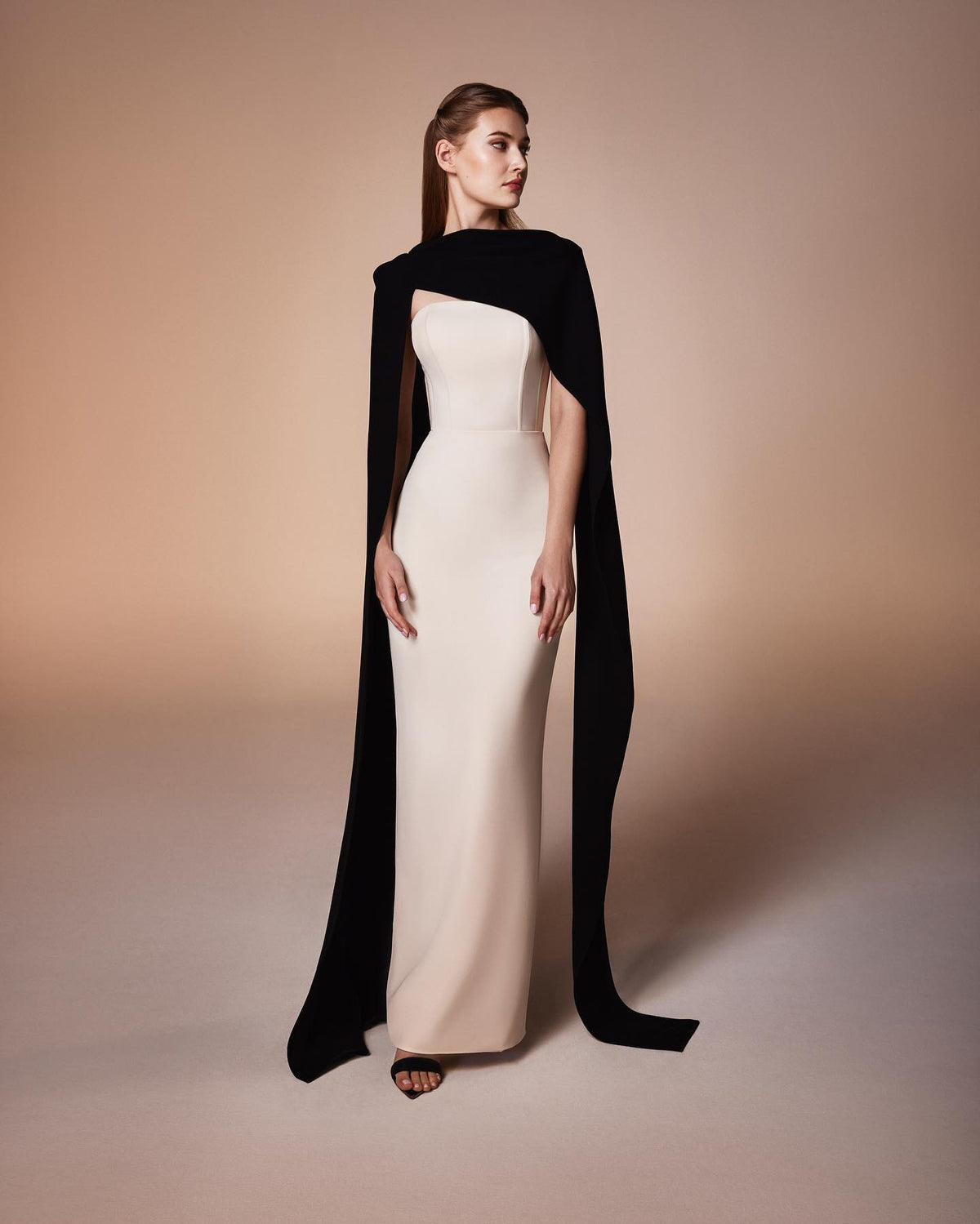 Elegant Beige Strapless Evening Dress with Cape Sleeve SF104