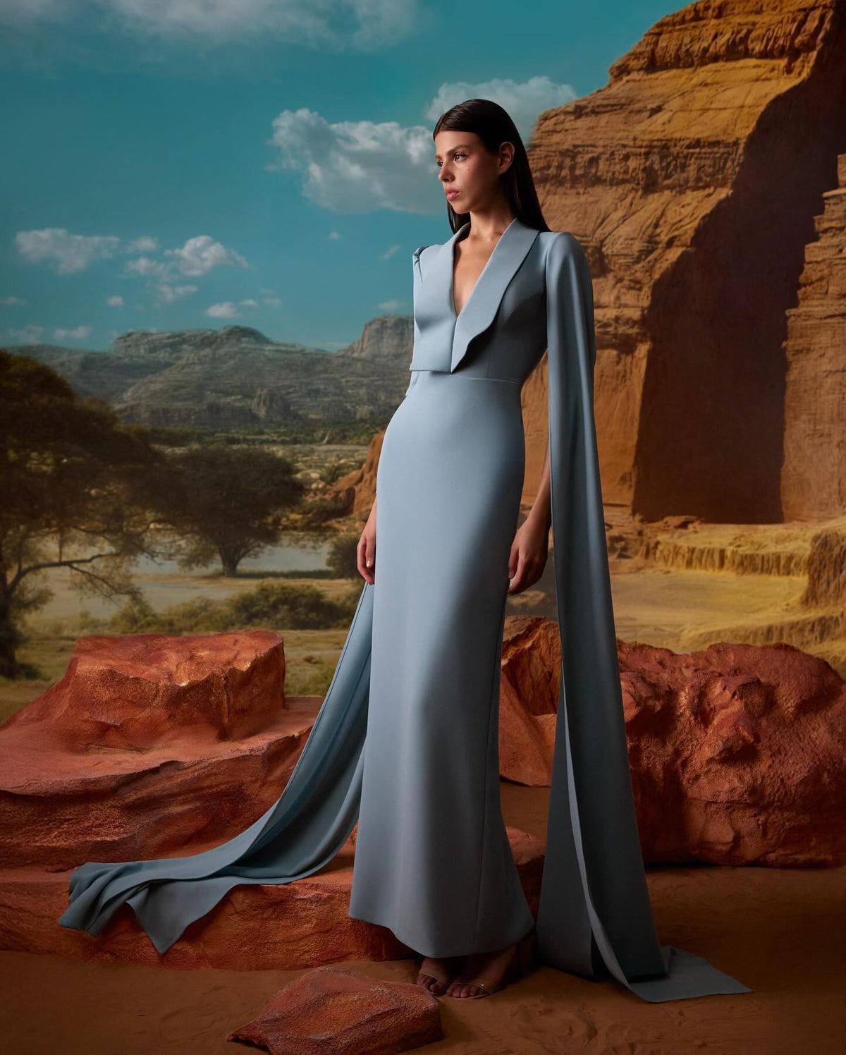 Elegant Blue V-Neck Evening Dress with Cape Sleeve SF174