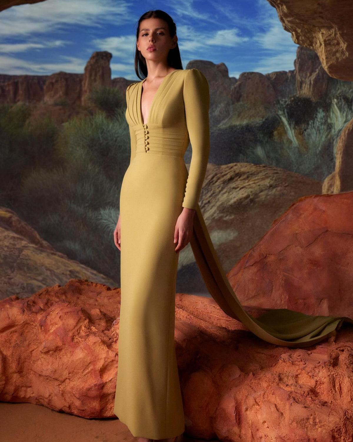 Elegant Yellow Long Sleeves V-Neck Evening Dress SF173