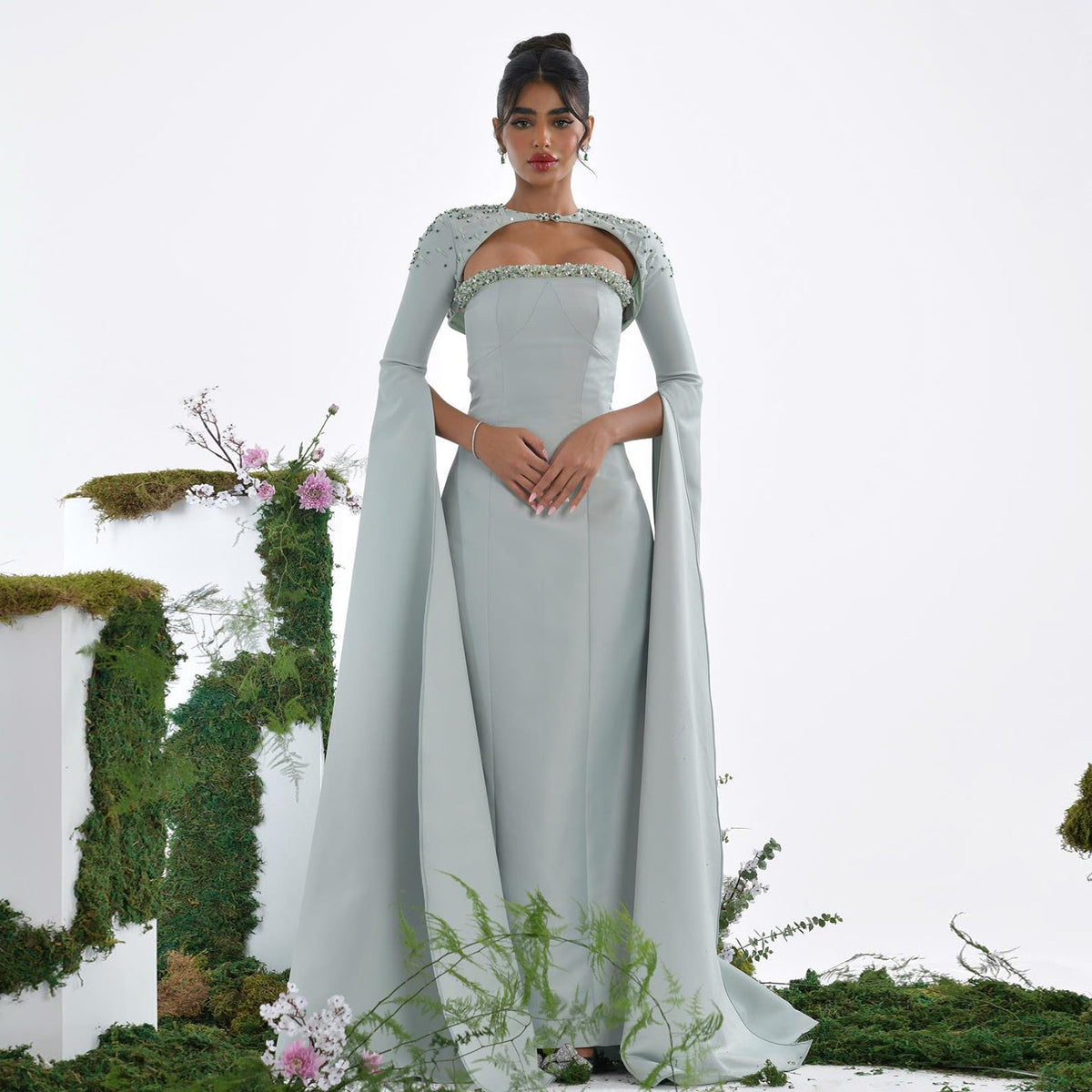 Luxury Beaded Sage Green Mermaid Evening Dress with Cape Sleeves SS424