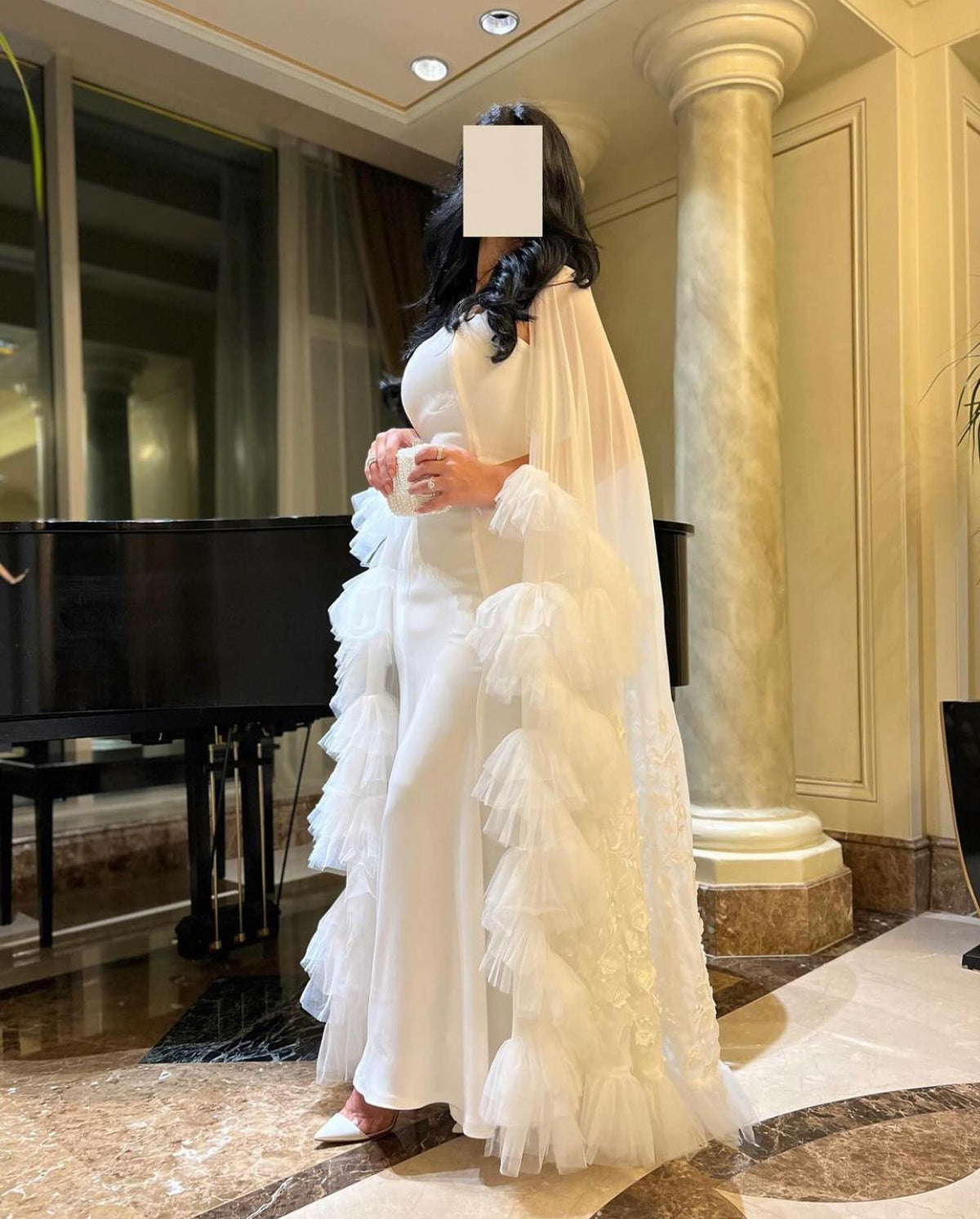 Elegant White Strapless Evening Dress with 3D Floral Cape SF337