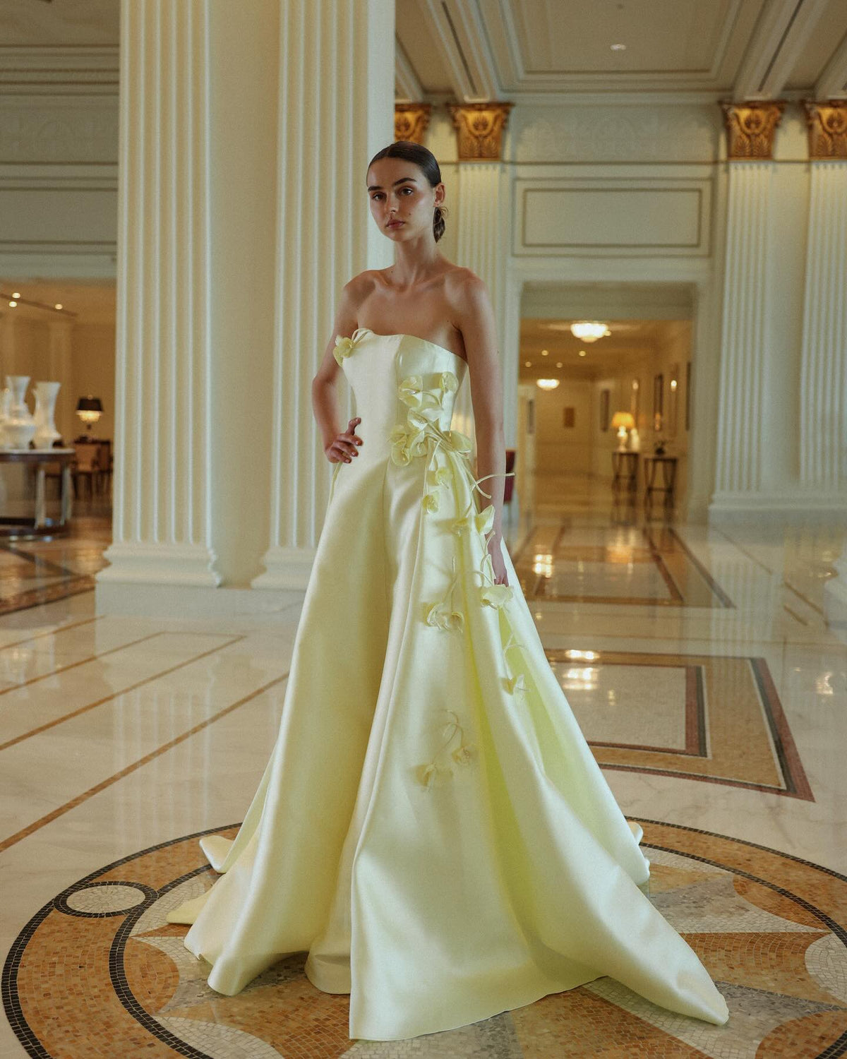 Luxury Beaded Yellow A-Line Evening Dress with 3D Floral SF072