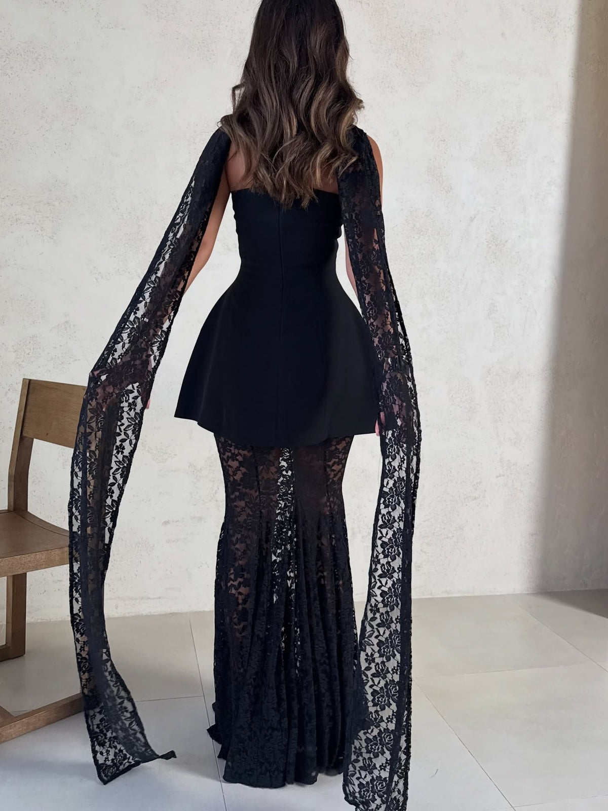 black sheer peplum dress Kylie Black Peplum Midi Dress With Sheer Puff Sleeves Elegant Formal Eveningwear
