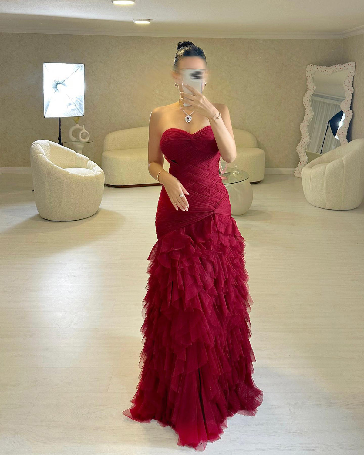 Luxury Wine Red Strapless Tulle Ruffled Evening Dress SF242