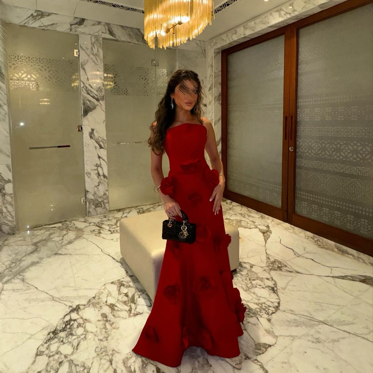 Luxury 3D Floral Red Strapless Evening Dress SF220