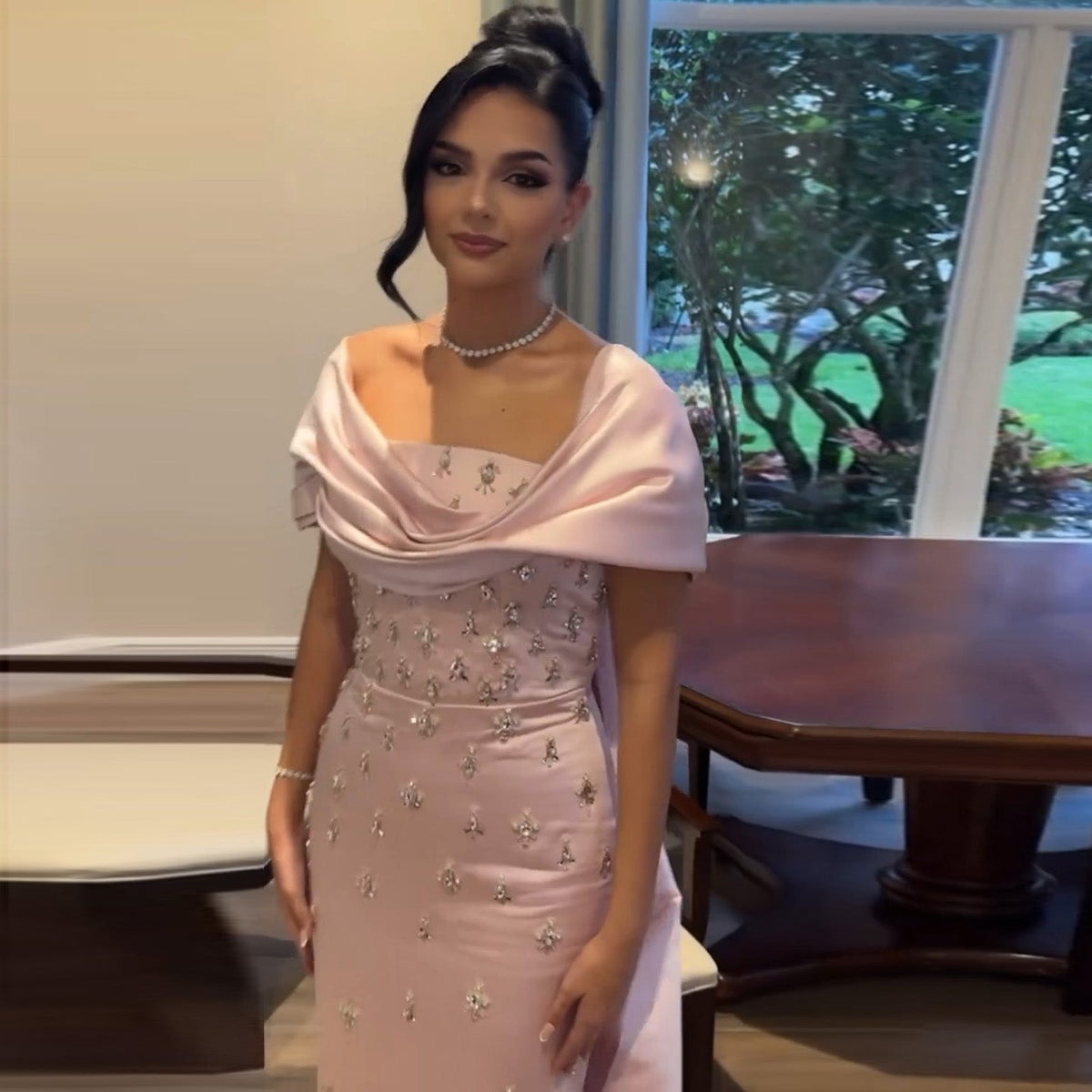 Luxury Crystal Pink Off Shoulder Satin Evening Dress SS500